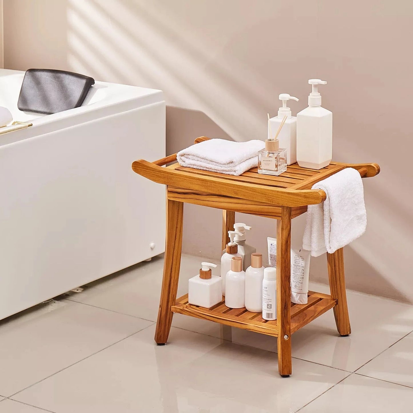 Ergonomic Wooden Teak Corner Shower Bath Chair Seat