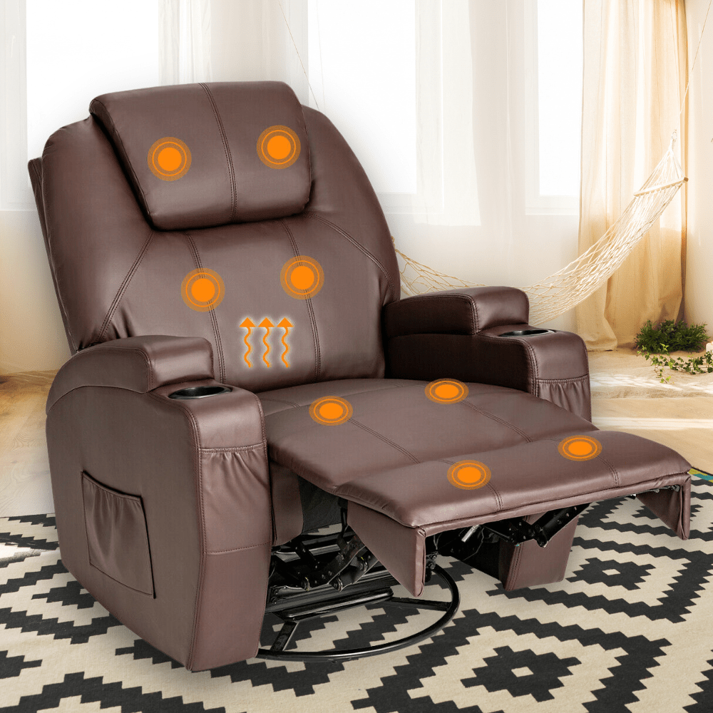 Modern Brown Leather Heated Massage Swivel Recliner Chair - Merchandise Plug