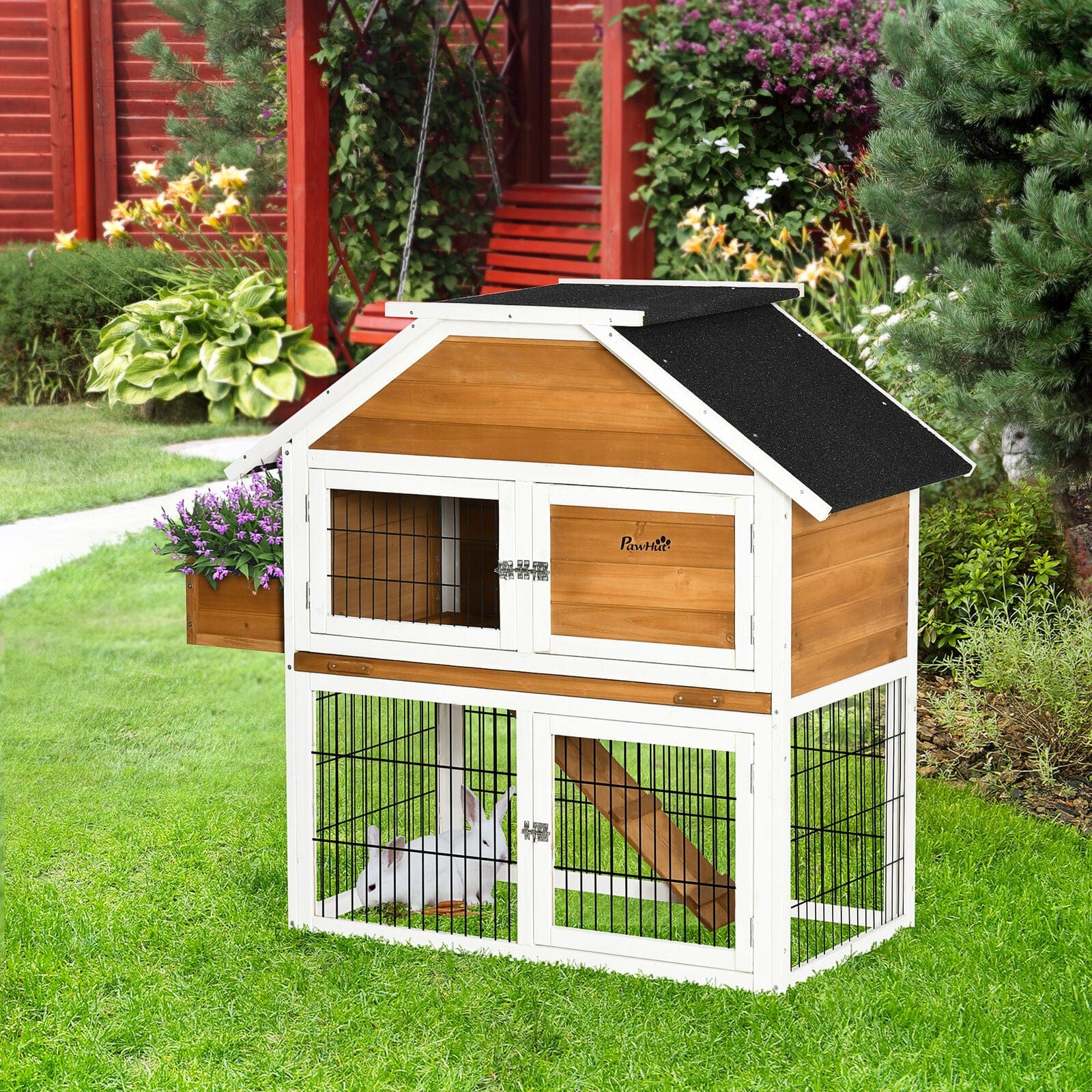 Decorated Spacious Two-Level Indoor / Outdoor Rabbit Cage House Hutch