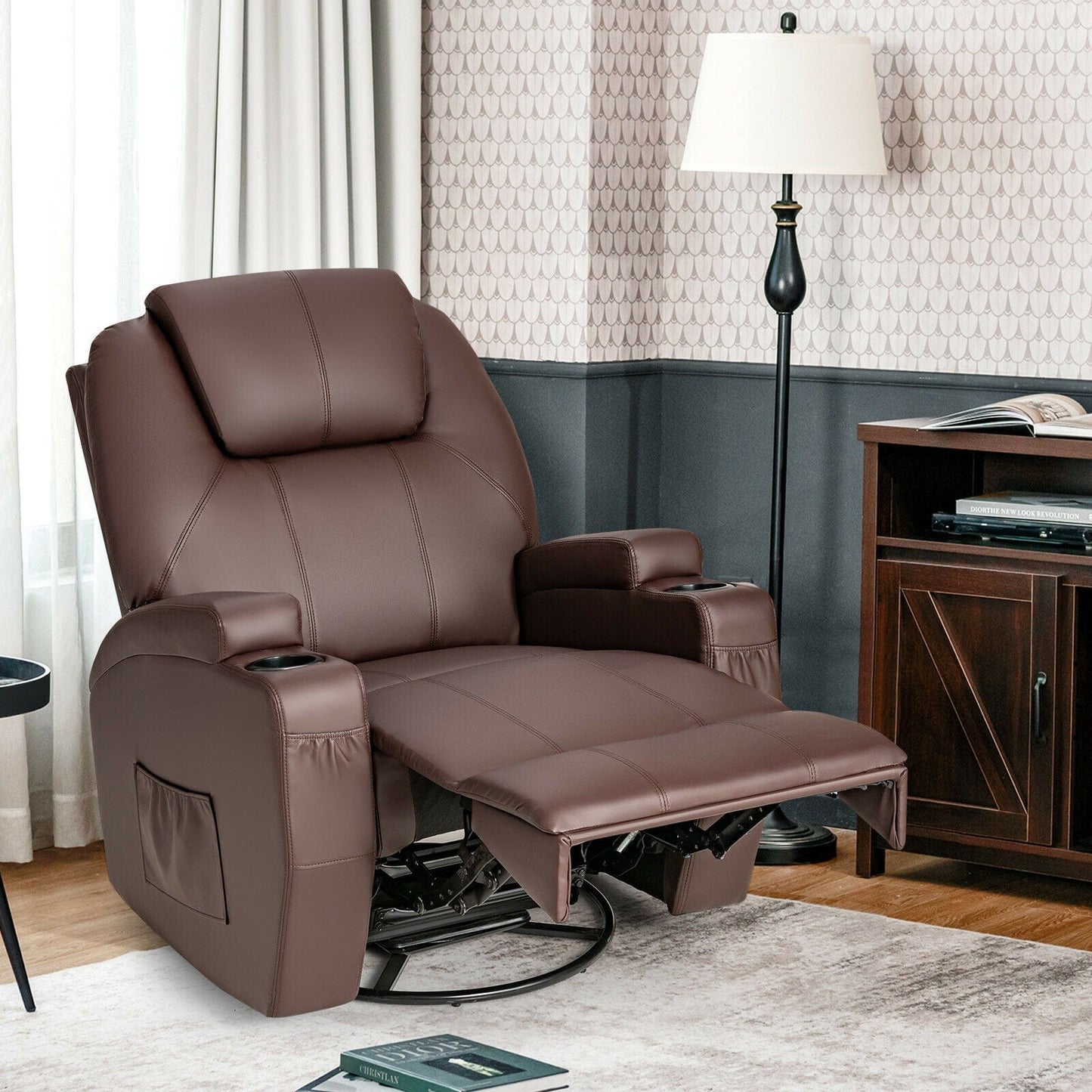 Modern Brown Leather Heated Massage Swivel Recliner Chair - Merchandise Plug