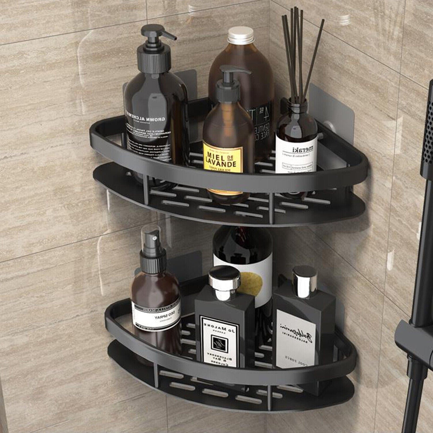 Silver / Black Wall Mounted Shower Corner Shelf - Merchandise Plug